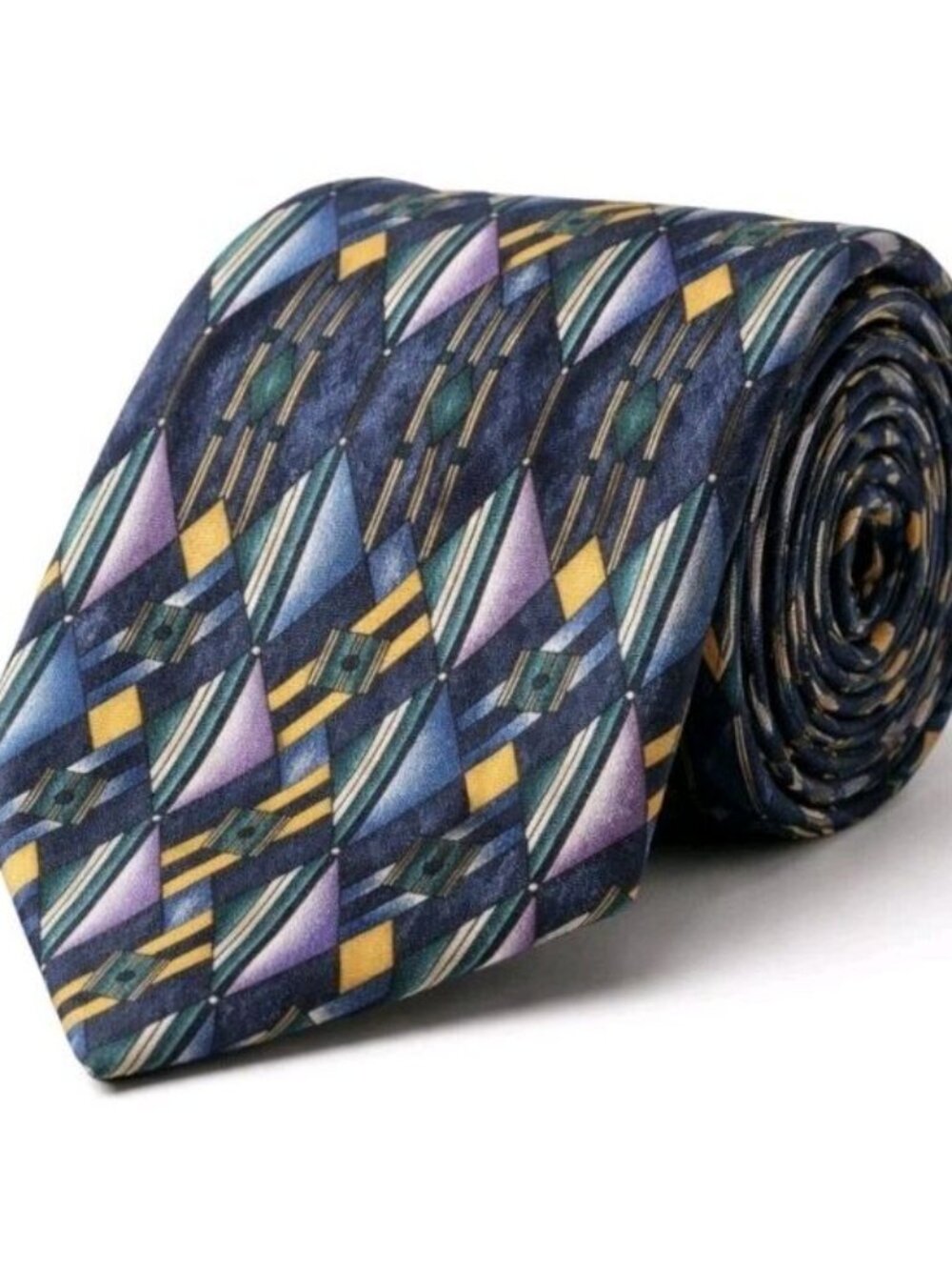 Albert Nipon Silk Tie Blue Geometric Art Deco Pattern Luxury Designer Neck Tie